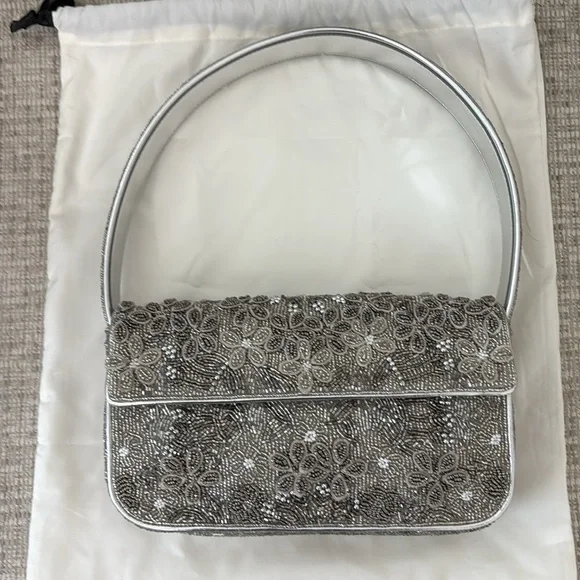 STAUD Tommy Beaded Flap Shoulder Bag (NWOT) - Silver Garden Party